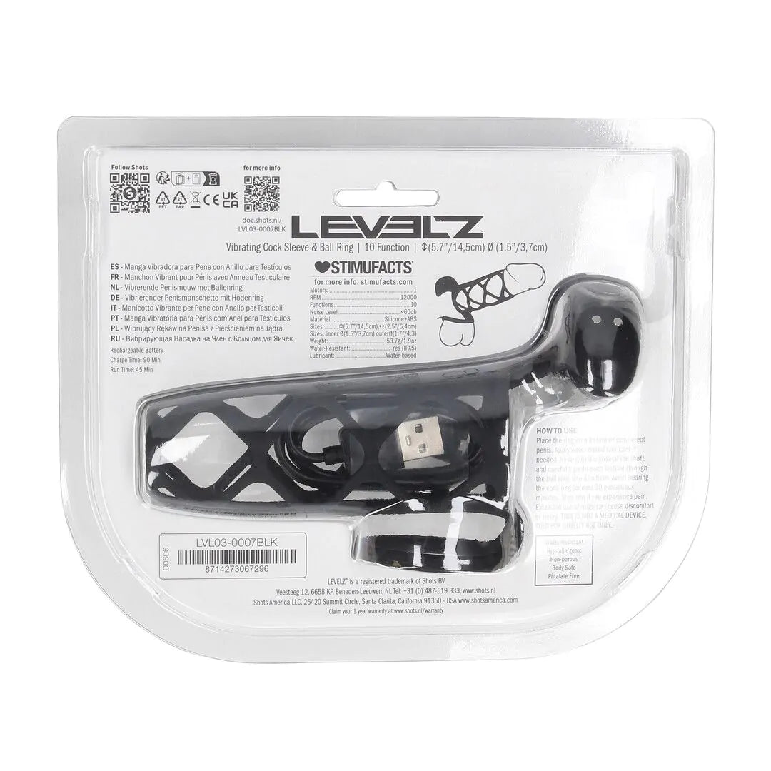 LEVELZ Vibrating Cage Silicone Cock Sleeve and Ball Ring - Black