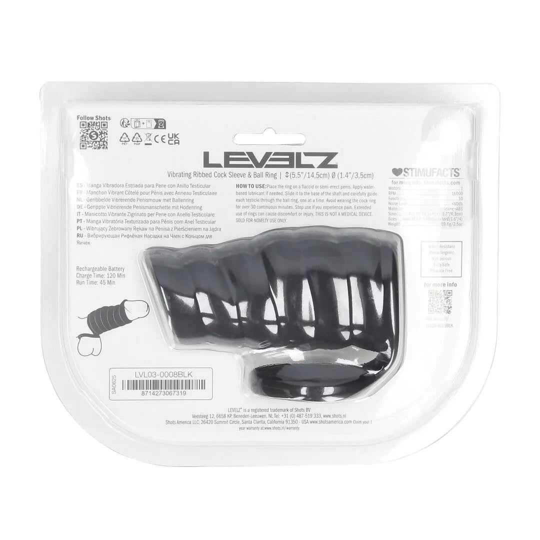 LEVELZ Vibrating Ribbed Silicone Cock Sleeve and Ball Ring - Black