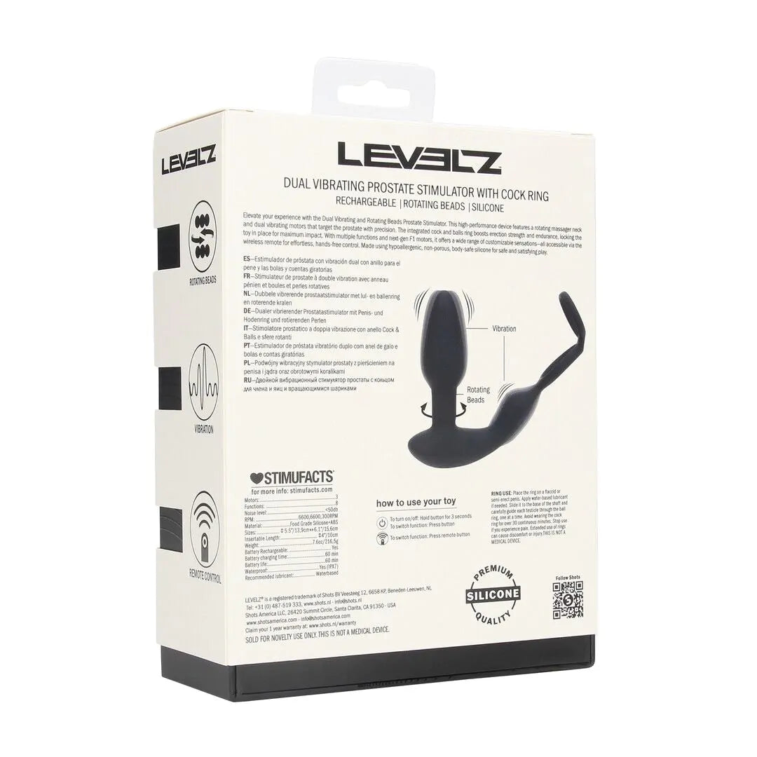 LEVELZ Dual Vibrating Remote Rotating Beads Silicone Prostate Stimulator with Cock and Ball Ring - Black