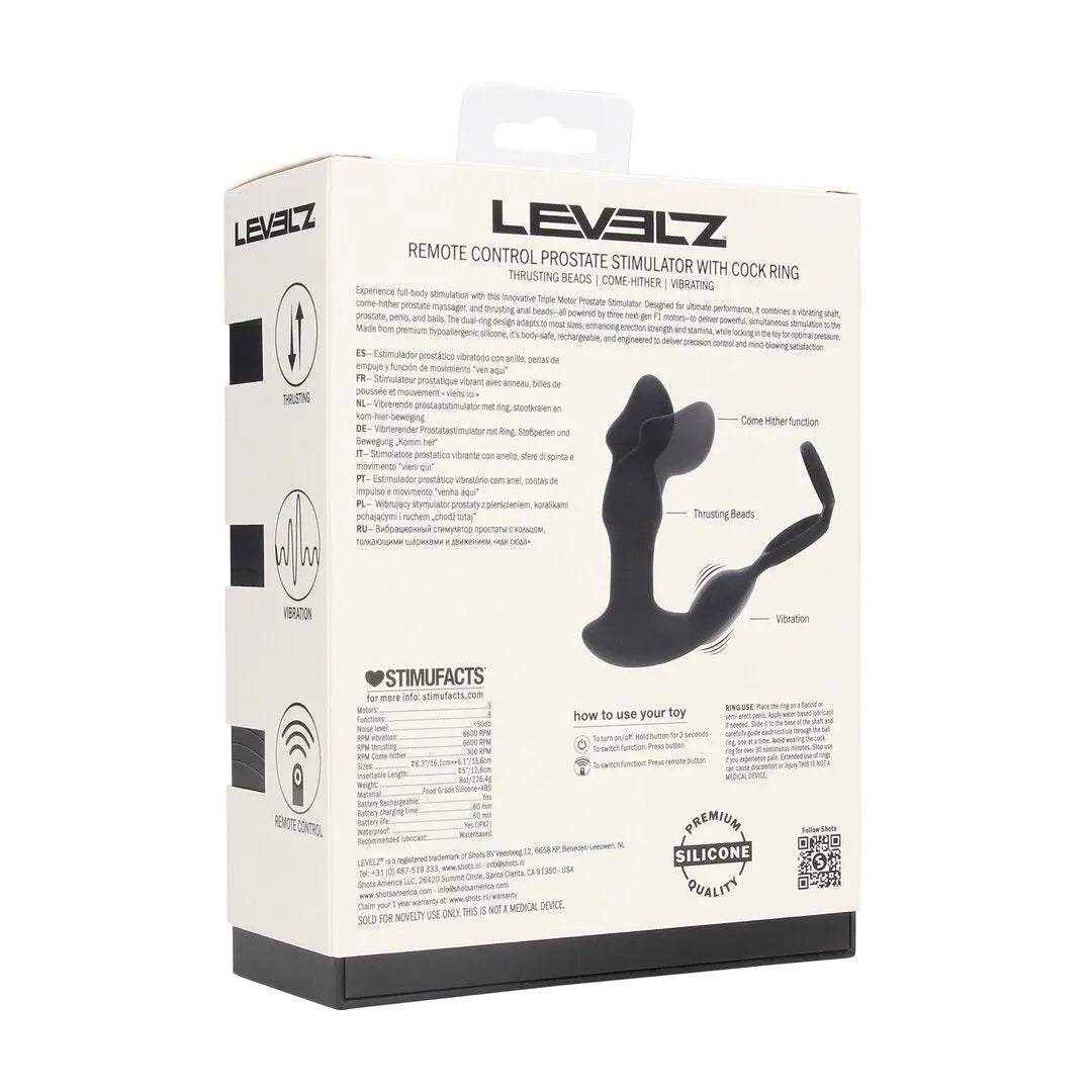 LEVELZ Remote Control Vibrating Thrusting Come-Hither Silicone Prostate Stimulator with Cockring - Black
