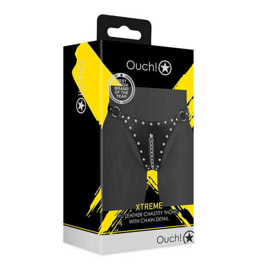 OUCH! PU Leather Chastity Thong with Chain Detail - Black