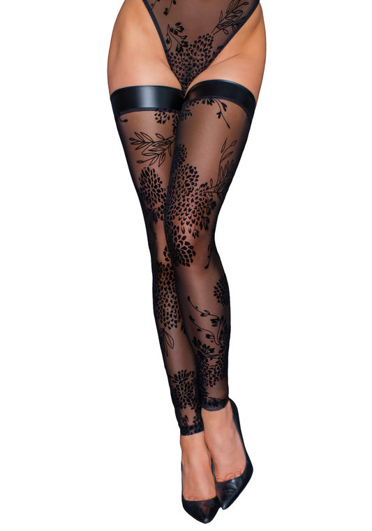 NOIR F243 Tulle stockings with patterned flock embroidery