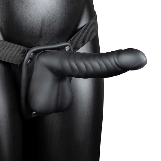 OUCH! Ribbed Hollow Strap-On with Balls - 8" / 21 cm