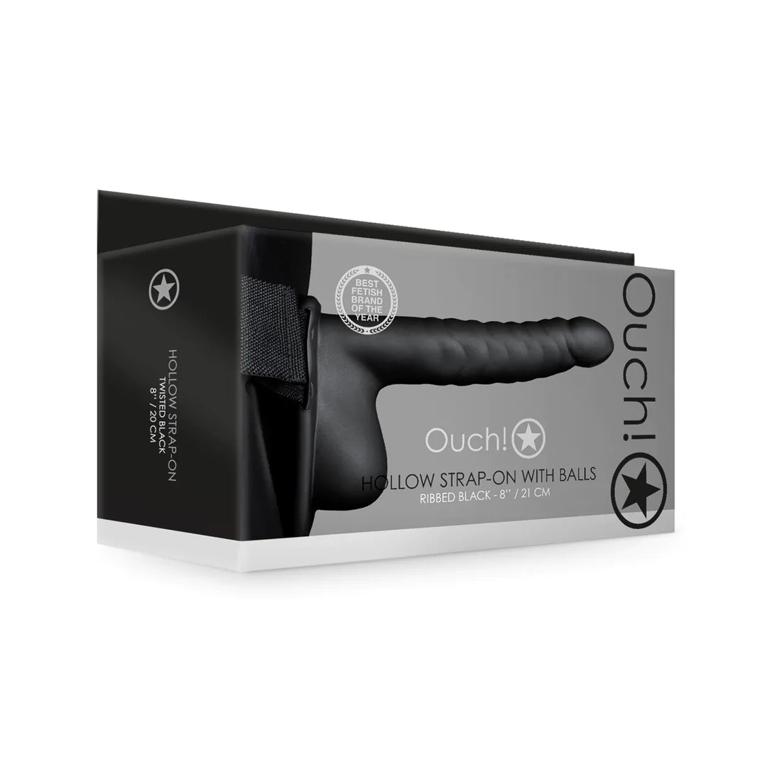 OUCH! Ribbed Hollow Strap-On with Balls - 8" / 21 cm