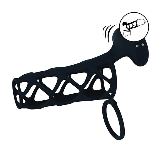 LEVELZ Vibrating Cage Silicone Cock Sleeve and Ball Ring - Black