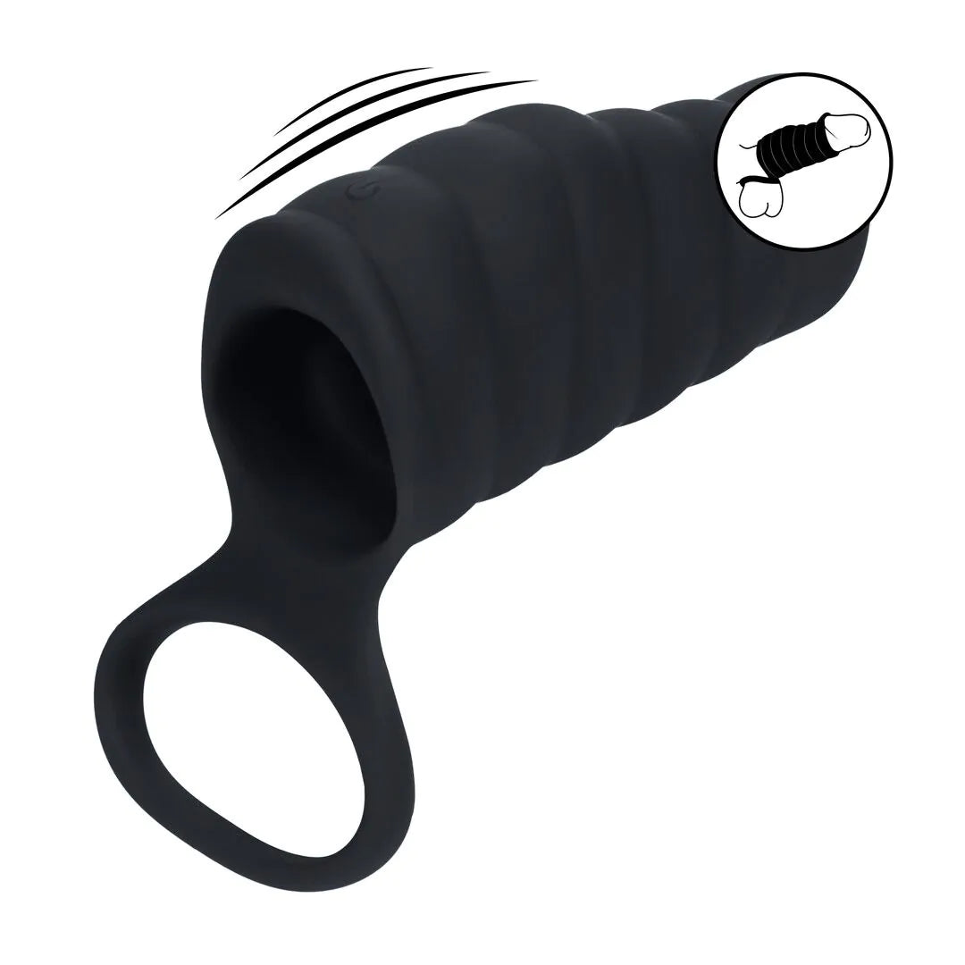 LEVELZ Vibrating Ribbed Silicone Cock Sleeve and Ball Ring - Black