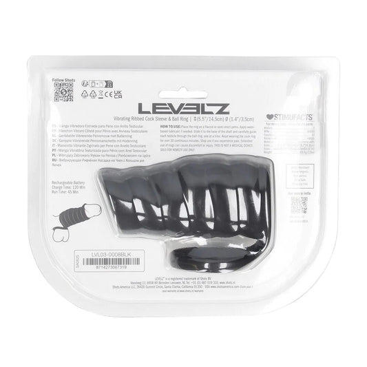 LEVELZ Vibrating Ribbed Silicone Cock Sleeve and Ball Ring - Black