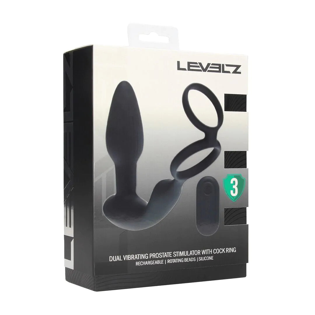 LEVELZ Dual Vibrating Remote Rotating Beads Silicone Prostate Stimulator with Cock and Ball Ring - Black