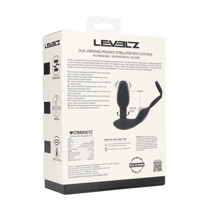 LEVELZ Dual Vibrating Remote Rotating Beads Silicone Prostate Stimulator with Cock and Ball Ring - Black