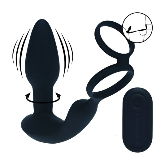 LEVELZ Dual Vibrating Remote Rotating Beads Silicone Prostate Stimulator with Cock and Ball Ring - Black