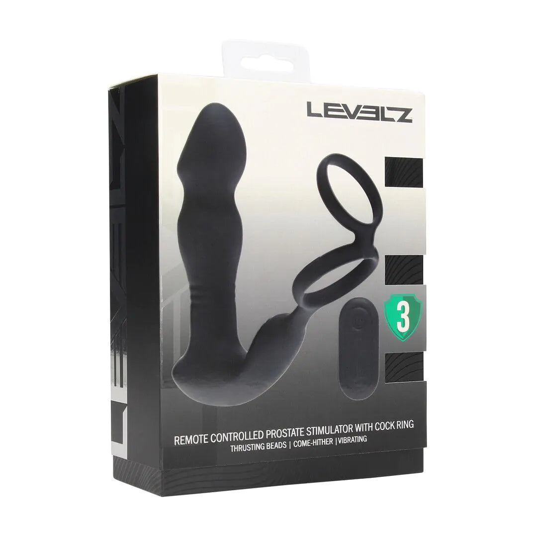 LEVELZ Remote Control Vibrating Thrusting Come-Hither Silicone Prostate Stimulator with Cockring - Black