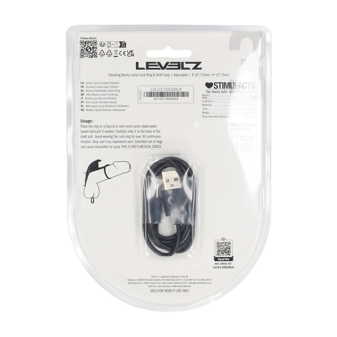 LEVELZ Adjustable Bunny Vibrating Silicone Lasso Cockring and Shaft Loop - Black