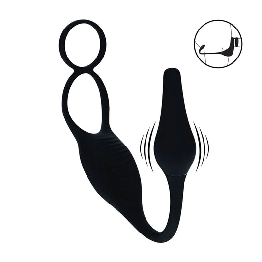 LEVELZ Vibrating Silicone Prostate Stimulator with Cock and Ball Ring - Black