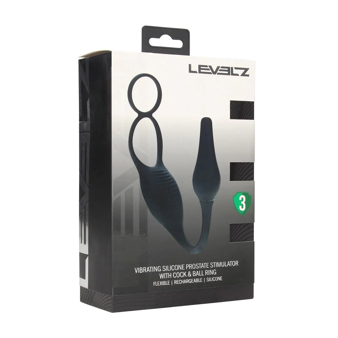 LEVELZ Vibrating Silicone Prostate Stimulator with Cock and Ball Ring - Black