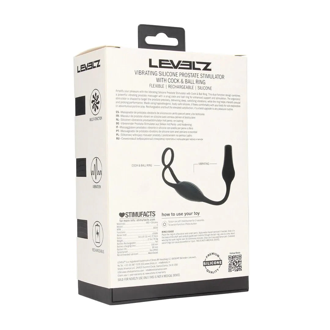 LEVELZ Vibrating Silicone Prostate Stimulator with Cock and Ball Ring - Black