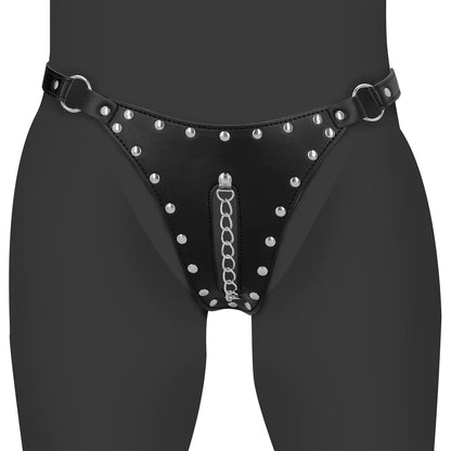 OUCH! PU Leather Chastity Thong with Chain Detail - Black