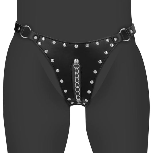 OUCH! PU Leather Chastity Thong with Chain Detail - Black