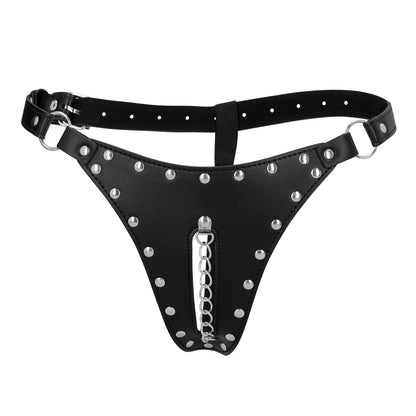 OUCH! PU Leather Chastity Thong with Chain Detail - Black