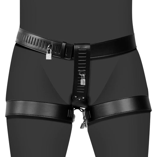 OUCH! PU Leather Female Chastity Belt with Leg Restraint - Black
