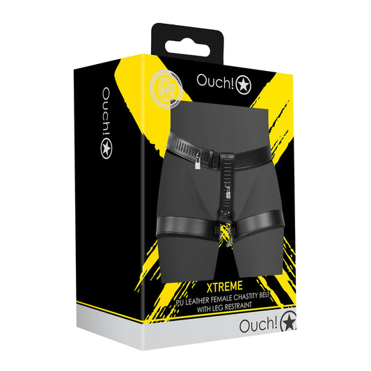 OUCH! PU Leather Female Chastity Belt with Leg Restraint - Black