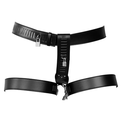OUCH! PU Leather Female Chastity Belt with Leg Restraint - Black