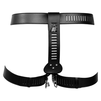 OUCH! PU Leather Female Chastity Belt with Leg Restraint - Black