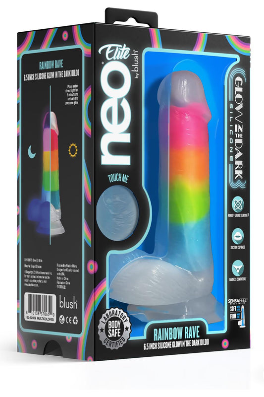 BLUSH Elite Glow In The Dark Rainbow Rave 6.5 Inch Silicone Dual Density Dildo Multicolored